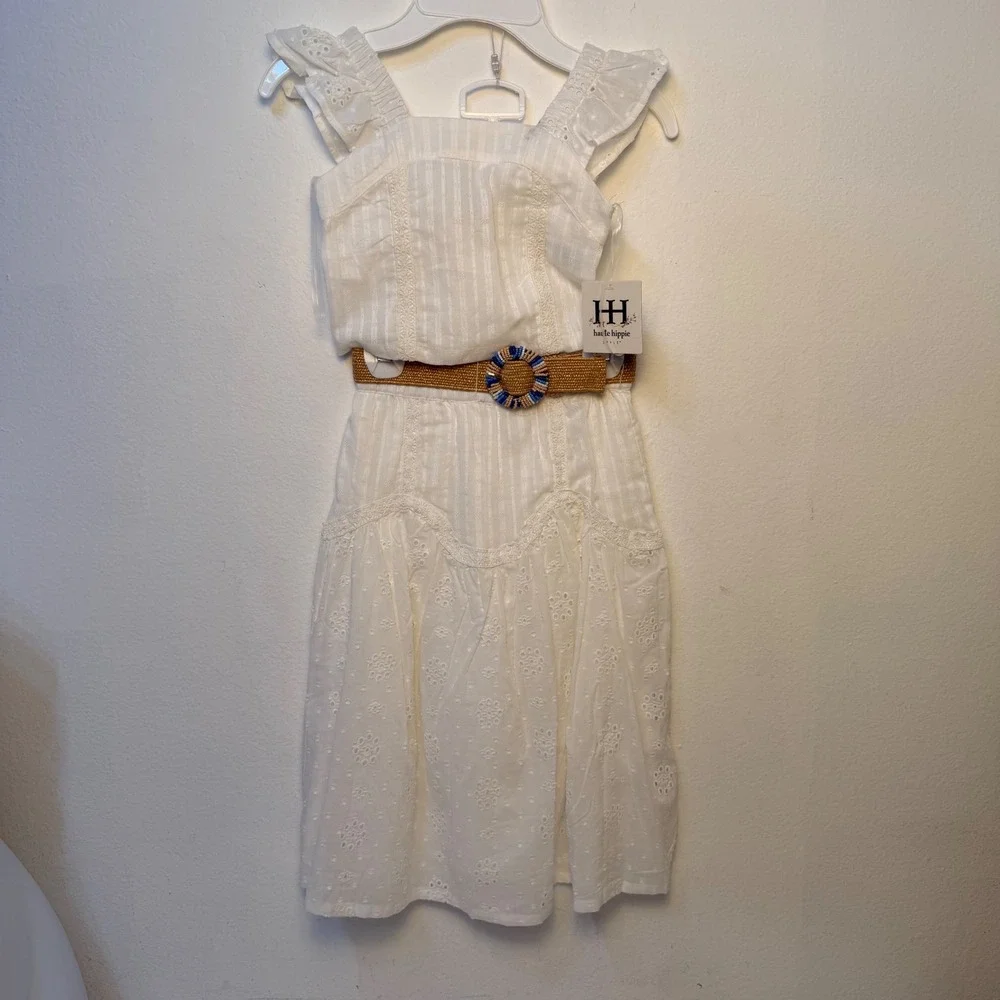 Haute Hippie Style Girls White Eyelet 2-Piece Crop Top and Skirt Set with Belt